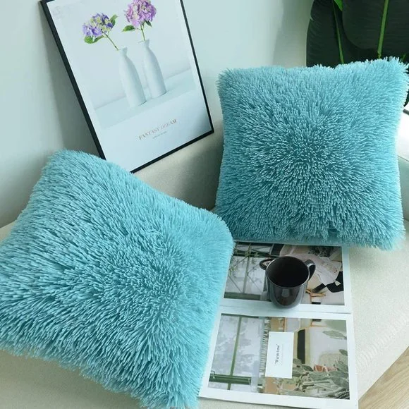 Teal Luxury Furry Adorable Trendy Throw Pillow Decor Cover Set Bedroom/Sofa - Picture 5 of 7